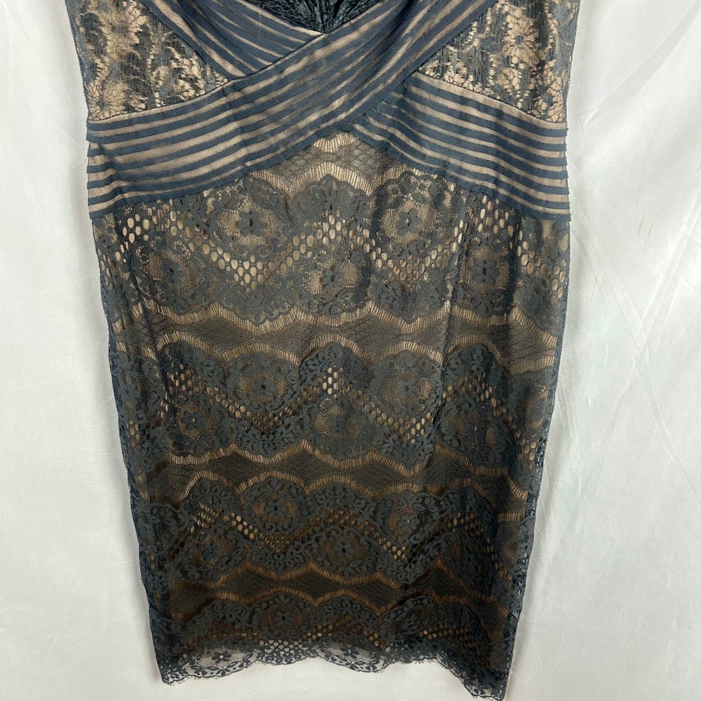 Tadashi Shoji Black Lace Nude Illusion Sheath Dress Size 6 Mesh Banding Cocktail - Picture 5 of 10